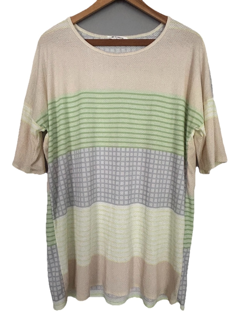 Bombom Made In USA Striped Pastel Waffle Knit  Short Sleeve Top Women’s Large